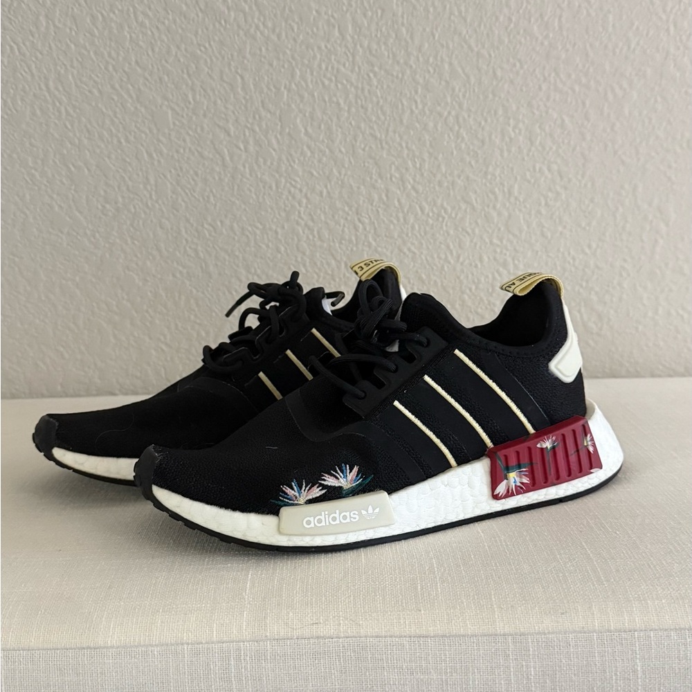 Adidas Women's Black and Red Sneakers with Floral Accents